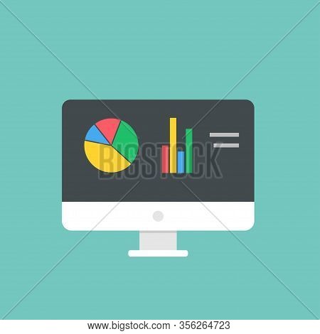 Computer Icon Isolated With Chart, Diagram, Graphic In Flat Design, Minimalism. Vector Eps 10