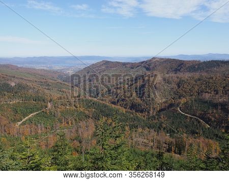 Routes Of Silesian Beskids Mountains Land Near Salmopol Pass View Above European City Of Szczyrk In 