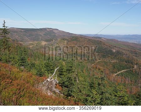 Natural Silesian Beskids Mountains Land Near Salmopol Pass View Above European City Of Szczyrk In Po