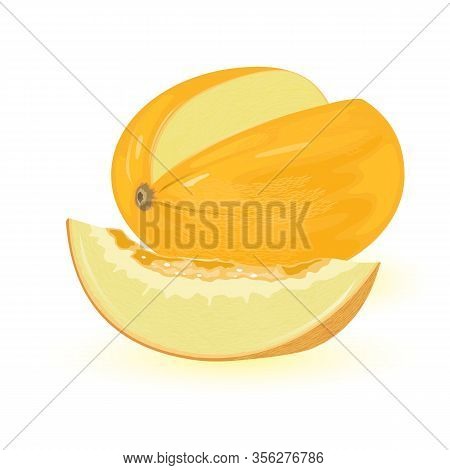 Yellow Oval Shaped Melon With Slice Of It. Sweet Edible Fleshy Fruit With Seeds. Delicious Summer Sn