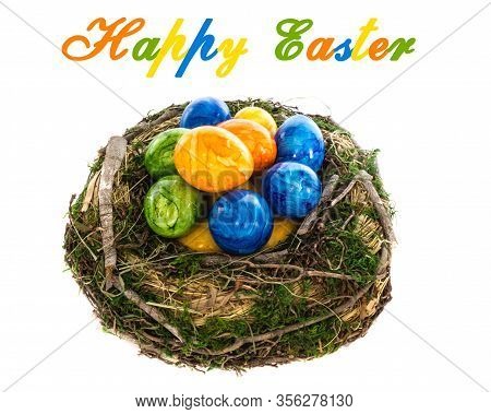 White Greeting Card Nest Happy Easter With Colorful Text