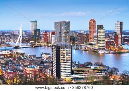 Rotterdam, Netherlands, city skyline at twilight.