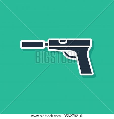 Blue Pistol Or Gun With Silencer Icon Isolated On Green Background. Vector Illustration