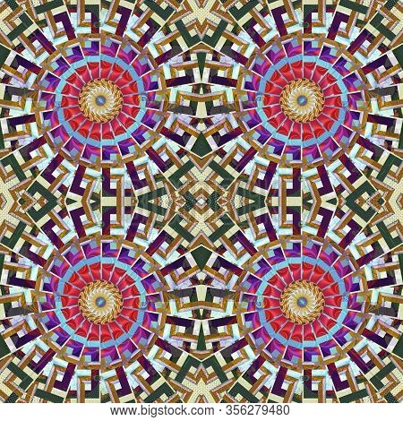 Bohemian Bright Polygon Mandala Mosaic Seamless  Pattern -  Abstract Geometrical Boho Chic Fractal B