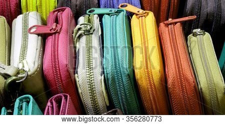 Background Of Leather Wallets With Zip For Sale In The Shop