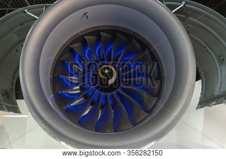 Fan Of A Civil Turbofan Aircraft Engine In The Exhibition Hall.