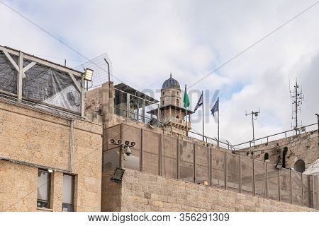 Jerusalem, Israel, September 07, 2019 : Western Wall Corner And El-ghawanima Tower On The Temple Mou