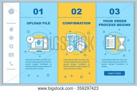 Customer Support Onboarding Mobile Web Pages Vector Template. Upload File, Confirmation, Order Proce