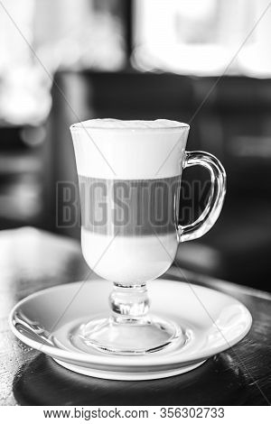 Cup Of Latte Coffee On The Table Black White Photography