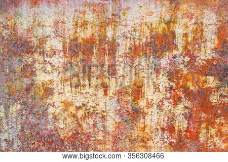 Grunge Metal Coroded Texture. Old Rusty Metal Plate Heavily Aged Corrosion Stain Creates A Grungy Fr