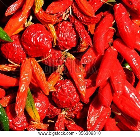 Dry Peppers: Pimientos Choriceros, Dry Hot Guindilla Peppers, And Piparras-basque Green Peppers Hang
