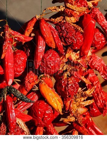 Dry Peppers: Pimientos Choriceros, Dry Hot Guindilla Peppers, And Piparras-basque Green Peppers Hang