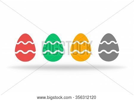 Set Of Colorful Easter Eggs With Red, Green, Orange And Grey Colors With Shadow. Celebration Of Spri