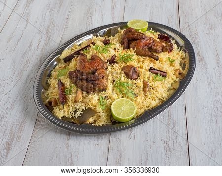 Arabic Dishes, Eid Recipes. Yemenis Style. Festive Dish With Baked Chicken And Rice. Top View
