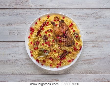 Arabic Dishes, Eid Recipes. Yemenis Style. Festive Dish With Baked Chicken And Rice. Top View, Copy 