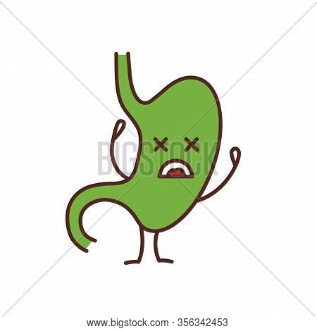 Unhappy Stomach Character Color Icon. Gastritis. Unhealthy Digestive System. Gastrointestinal Tract 