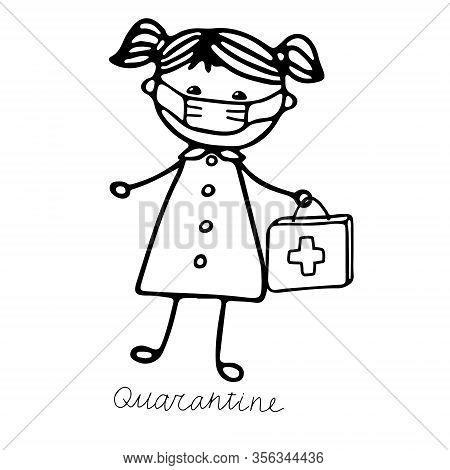 Beautiful Hand-drawn Vector Illustration Of A Girl In A Medical Mask With A Bag Isolated On A White 