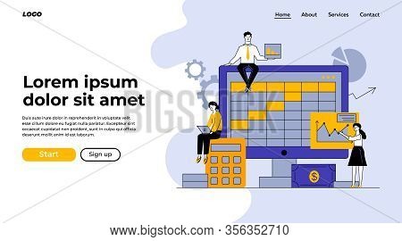 Preparation For Bookkeeping Or Annual Report Vector Illustration. Accountants Making Analyses, Calcu