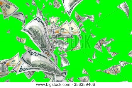 Flying Dollars Banknotes Isolated On Chromakey. Money Is Flying In The Air. 100 Us Banknotes New Sam