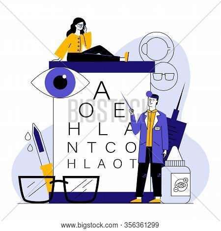 Male Ophthalmologist Checking Woman Eyesight. Female Patient In Glasses Sitting On Eye Chart Flat Ve