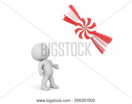 3D Character Looking Up At Big Red And White Candy Bonbon