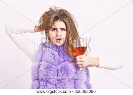 Lady Curly Hairstyle Likes Expensive Luxury Wine. Reasons Drink Red Wine In Wintertime. Girl Fashion