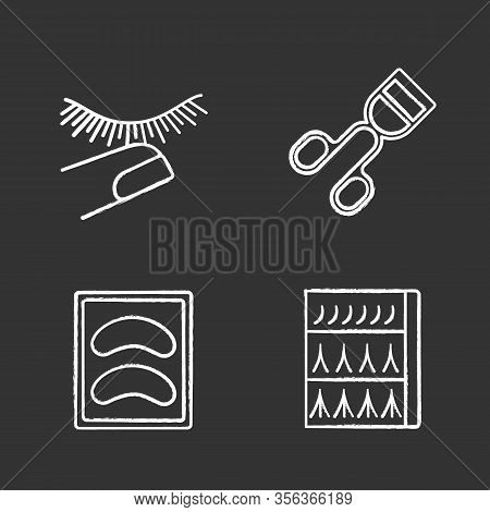 Eyelash Extension Chalk Icons Set. Stop Touching Lashes, Curler, Disposable Eyeshadow Pads, Eyelash 
