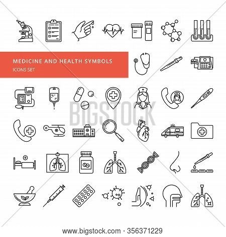 A Set Of Vector Icons In A Linear Style On The Theme Of Health And Medicine. A Large Set Of Isolated