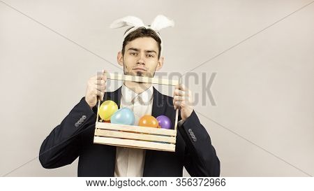 Easter Eggs. Happy Easter Card. Multi-colored Easter Eggs. Easter Eggs On White Background. Rabbit G