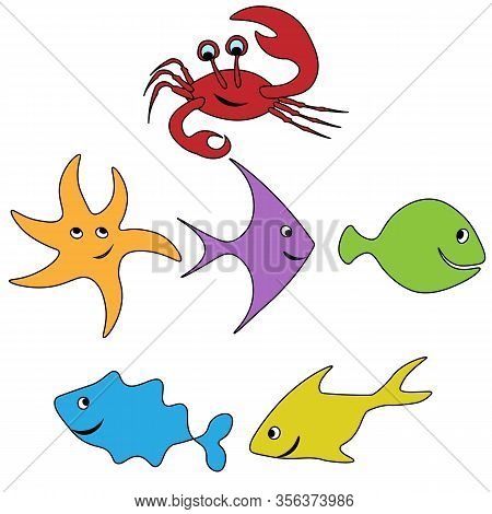 Funny Figures Set Of Fishes And Crab Smiling Pattern