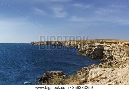 Tarkhankut, Crimea, Russia-september 11, 2019: View From The Cup Of Love Towards The Fishing Camp In