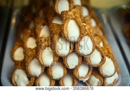 Sweet Italian Desssert, Pile Of Cannoli Pastry Filled With Ricotta Cream Cheese Close Up