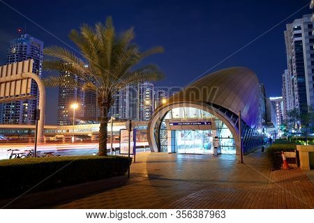 Dubai, Uae - November 15: The Night Illumination Of Damac Properties Metro Station On November 15, 2