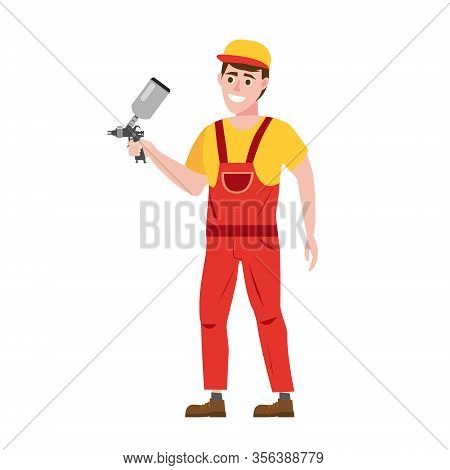 Spray Painter Professional Character Spraying Yellow Paint From Paint Gun Wearing Uniform. Flat Cart