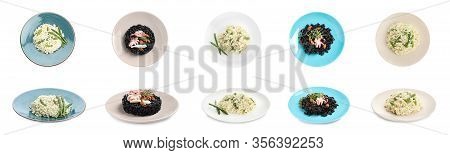 Collage With Delicious Rissotos On White Background. Banner Design