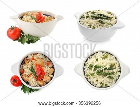 Collage With Delicious Rissotos On White Background