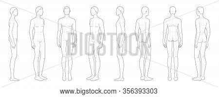 Fashion Template Of Standing Men In 8 Point Of View. 9 Head Size For Technical Drawing With Main Lin