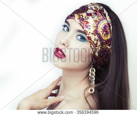 Young Pretty Modern Girl With Bright Shawl On Head Emotional Posing Isolated On White Background, As