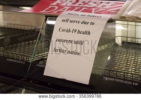 Vancouver, Canada - March 18,2020: Empty Safeway Store Bakery Department With Sign Says 