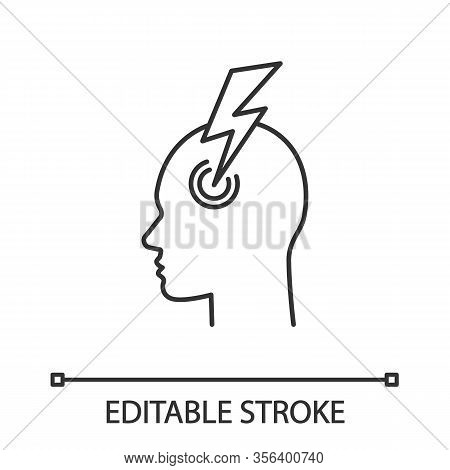Migraine Linear Icon. Thin Line Illustration. Human Head With Lightning Bolt. Thunderclap Headache. 