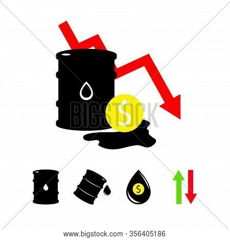 Vector Set Of 5 Sign Oil. Black Symbol Petroleum, Dollar Money, Isolated On White Background. Global