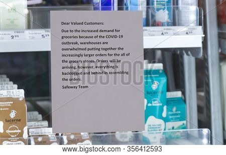 Vancouver, Canada - March 18,2020: Empty Safeway Store Shelves Show Shortage Of Food As Coronavirus 