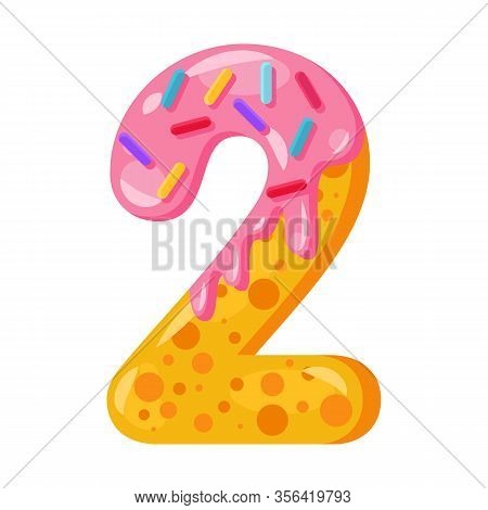 Donut Cartoon Two Number Vector Illustration. Biscuit Font Style. Glazed Bold Symbol With Icing. Tem