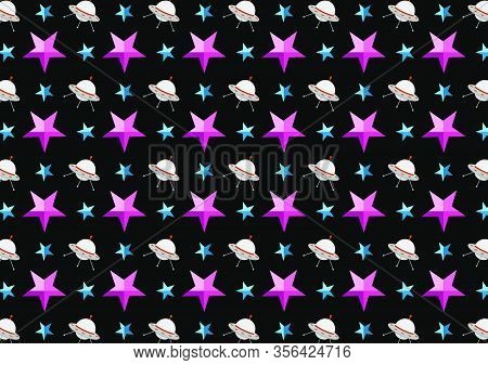 Abstract Kid Science Pattern Science Pattern With Spacecraft Design Vector Black Background. Concept