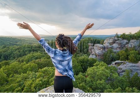 Woman Enjoying The Beautiful View Of The Garden Of Gods At Shawnee National Forest Illinois Usa