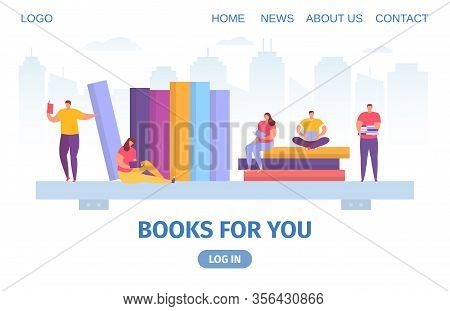 Books, Knowledge And Small People Reading And Study Texbooks Flat Cartoon Vector Illustration For We