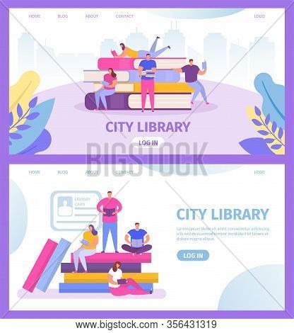 City Library With Books And Tiny People Reading And Study Texbooks Web Templates Set Cartoon Vector 