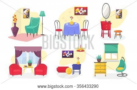 Room Furniture Modern Interior Set Cartoon Vector Illustrations Isolated On White. Armchairs, Table,