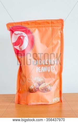 Pruszcz Gdanski, Poland - March 12, 2020: Pack Of Auchan Chouchou Peanuts (caramelized Peanuts).