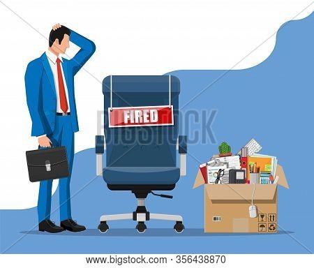 Dismiss Employee, Chair With Fired Word Plate And Cardboard Box With Office Items. Hiring And Recrui